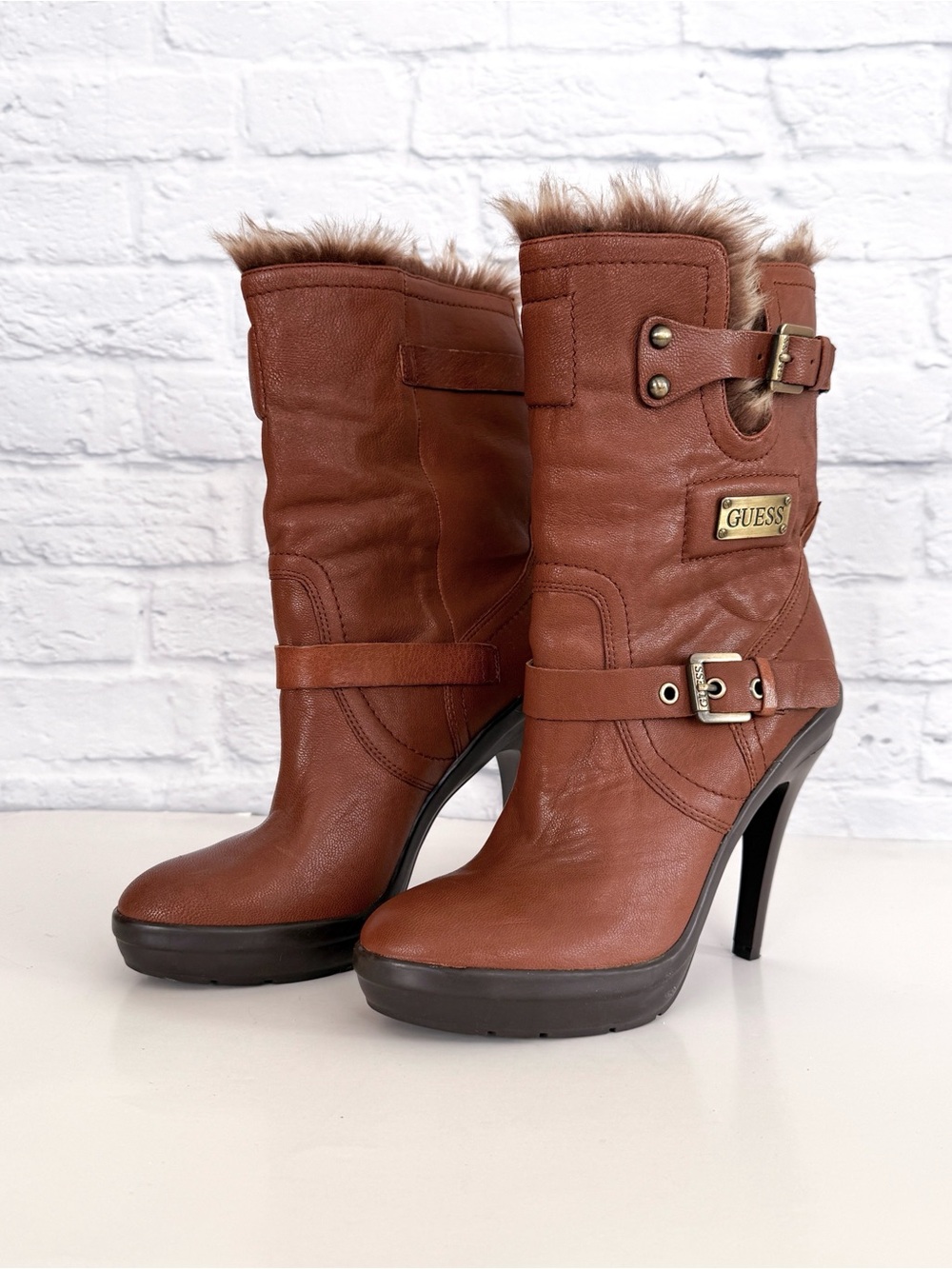 GUESS Brown Buckle Faux Fur Heeled Boots GW Benny